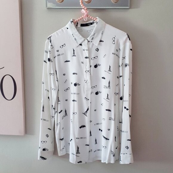 EUC Max Jeans New York City graphic white long sleeve blouse, S - Picture 4 of 5